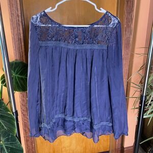 Giulia Navy Blue 100% Silk Lace Sheer Blouse Made in Italy Medium Coquette Top